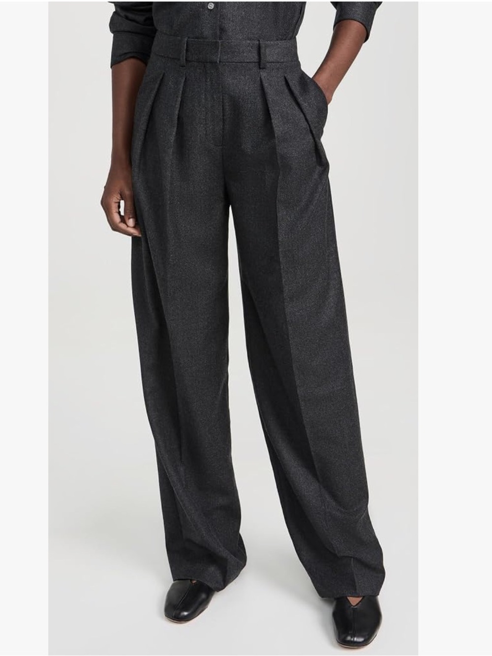 Theory DBL Pleat Sleek Virgin Wool Charcoal Wide/Straight-Leg Pants Trousers -12